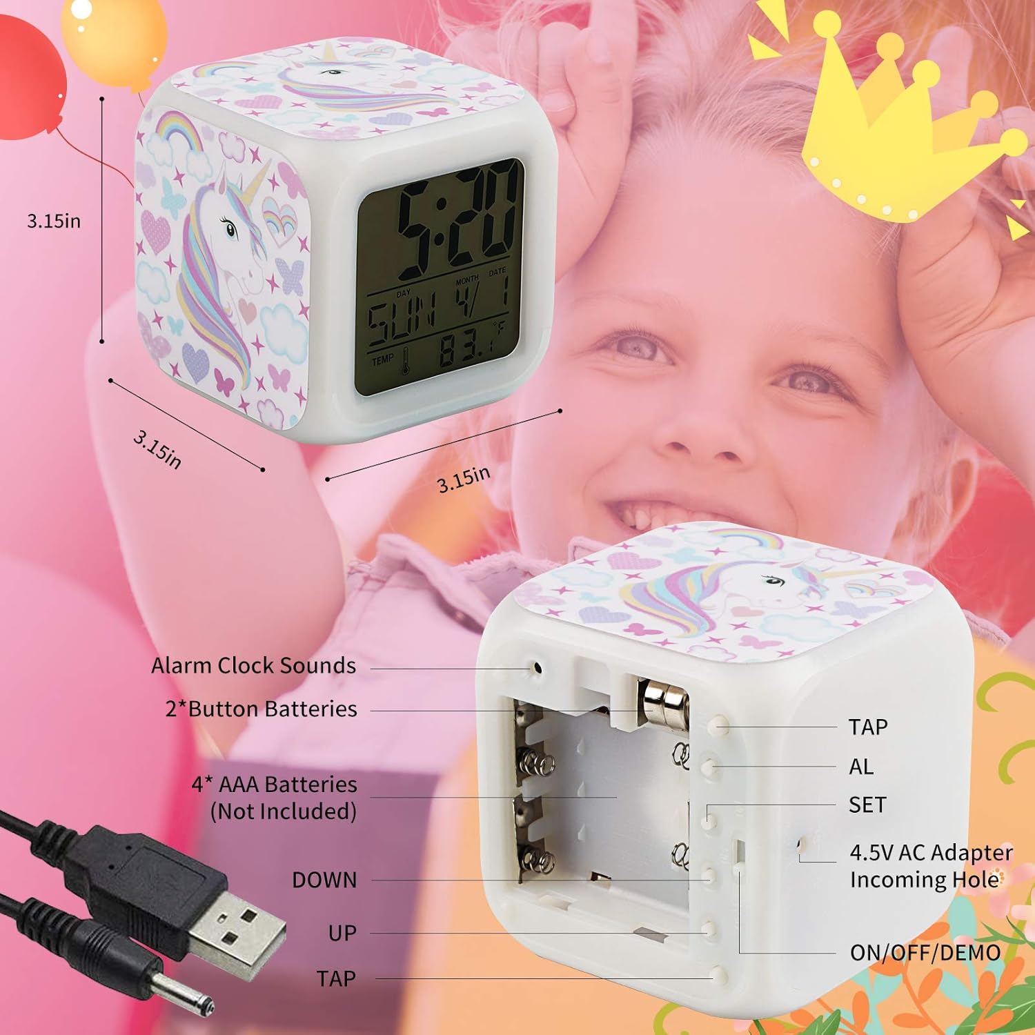 Réveil pour s, veilleuse licorne pour enfants avec un design licorne à 4 faces et 9 types de lumières LED, réveil de chevet, cadeau de décorati - 5