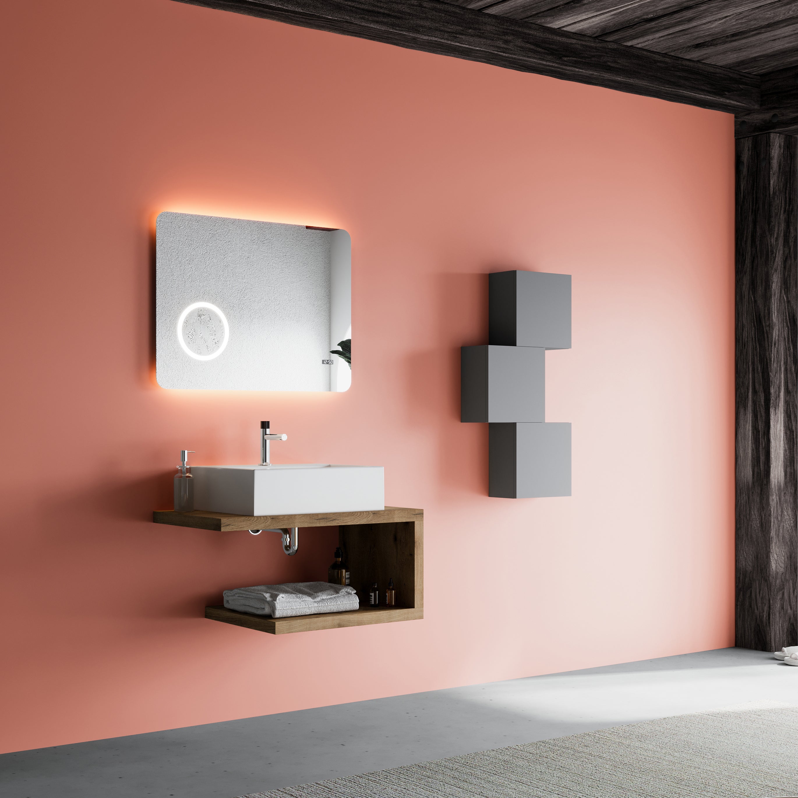 Composición de baño suspendida 80cm encimera de roble acabado natural y lavabo sobre encimera | lagos