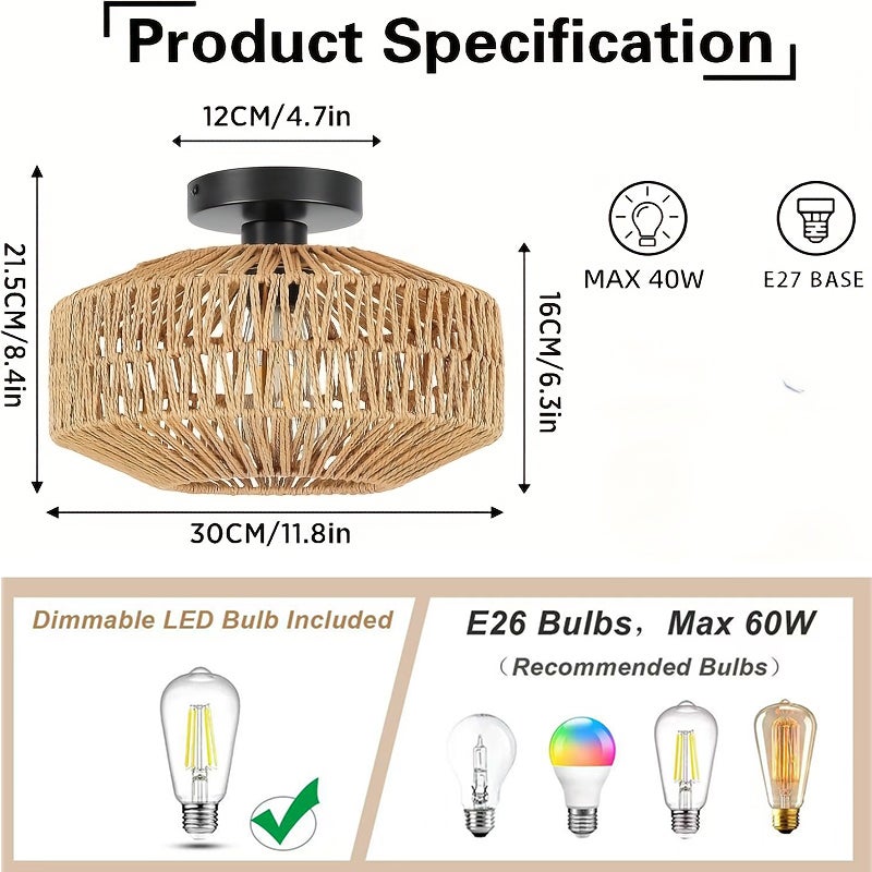 Lot de 2 lampes semi-encastrées style bohème, tissées à la main, ampoules E27, pour chambre, cuisine et couloir - 7