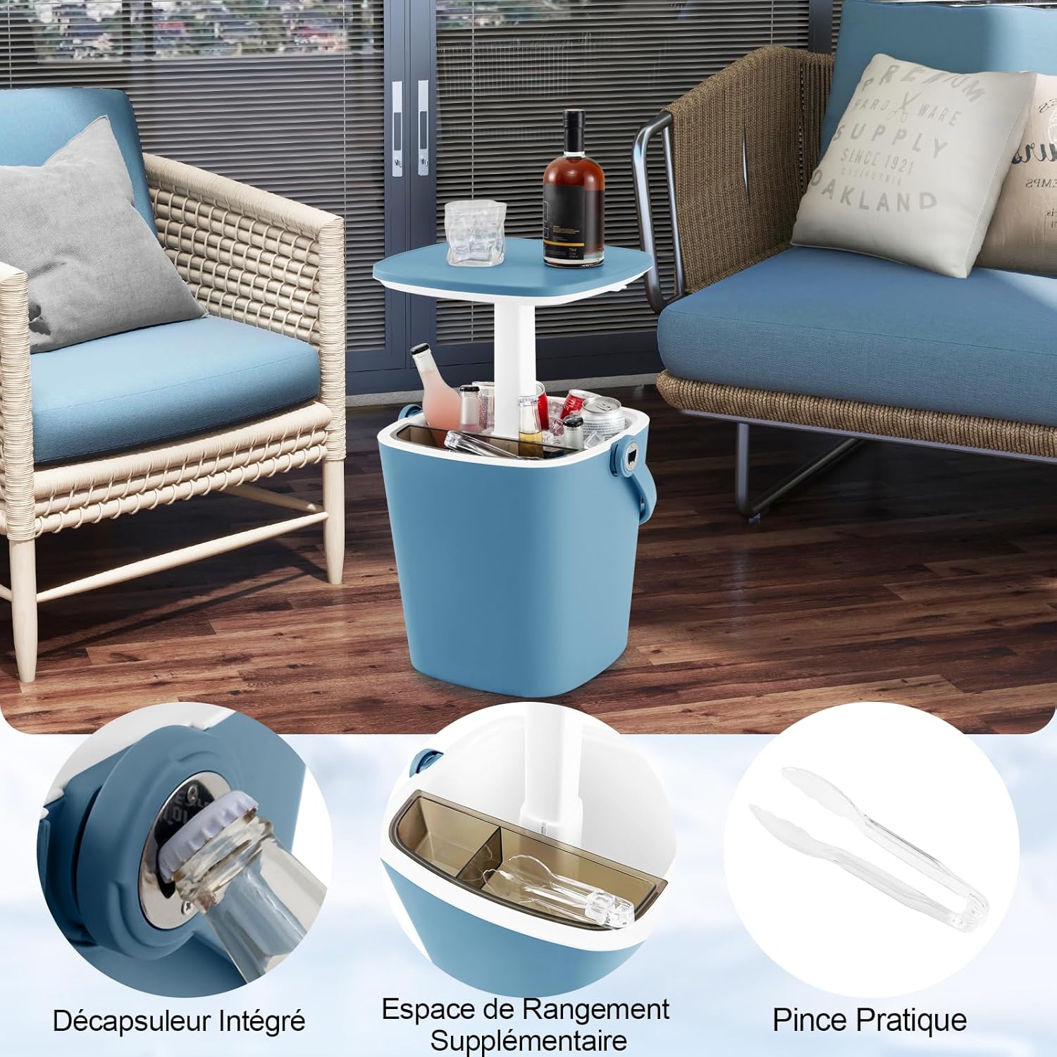 3 en 1 Table Glacière Extérieur 15 L, Table d'Appoint Patio avec Couvercle Rétractable, Compartiment, Ouvre-Bouteille et Pince Glace (Bleu) - 5