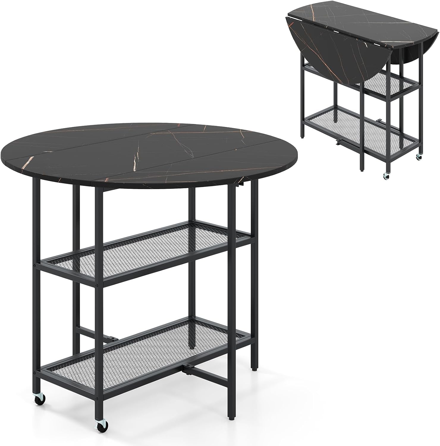 Składany Okrągły Stół do Jadalni, dla 2–4 Osób, Stół do Jadalni z 2 Kółkami, Składany Stół Kuchenny z 2 Półkami