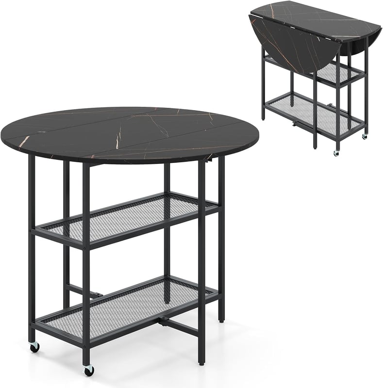 Składany Okrągły Stół do Jadalni, dla 2–4 Osób, Stół do Jadalni z 2 Kółkami, Składany Stół Kuchenny z 2 Półkami