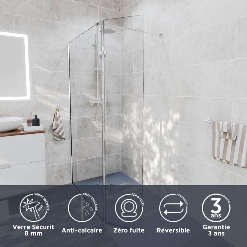 Paroi de douche italienne 100+40 x 185cm NEPTA verre 8 mm avec volet pivotant - 2