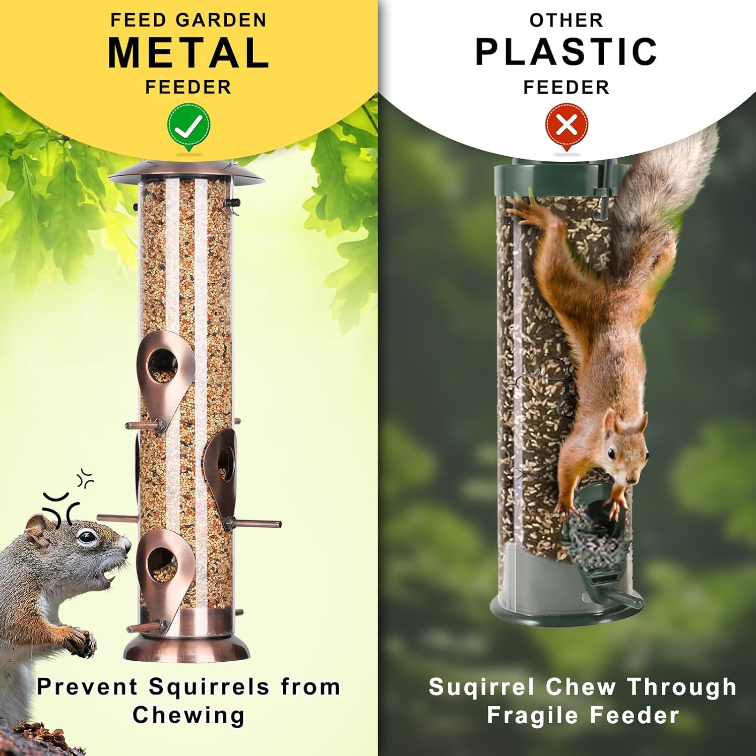 Alimentador tubular de metal para pendurar ao ar livre, com tampa de metal resistente para evitar mordidas. - 6