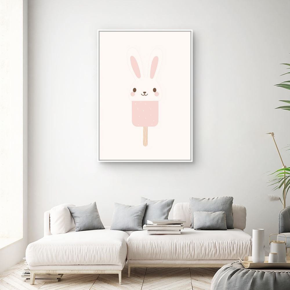 Tableau imprimé et encadré pour enfants 'Lapin glacé mignon' / 100x140cm / Cadre Blanc / Fabriqué en France / Toile murale / DADA ART - 2