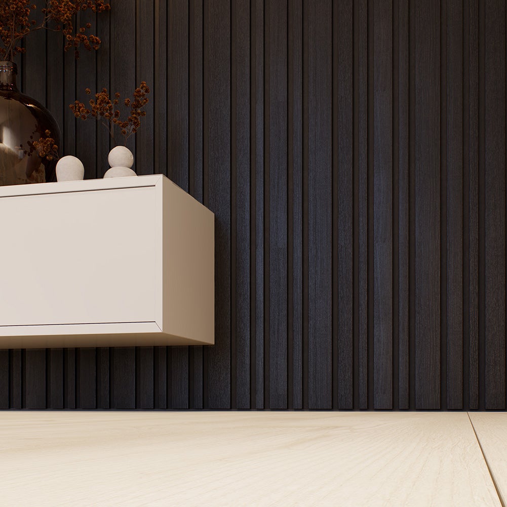 Lot de 2 Panneaux tasseaux bois MDF acoustique design BLEND décor chêne lave sur fond noir 2600 x 300 x 17 mm - 1,56 M2 PEFC 70% - 4