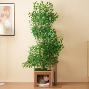 Tiragraffi PawHut Alto 140 Cm – Albero Per Gatti Con 3 Pali In Sisal, 2 Grotte, Amaca, Scala E 2 Pompon, Per Gattini E Adulti