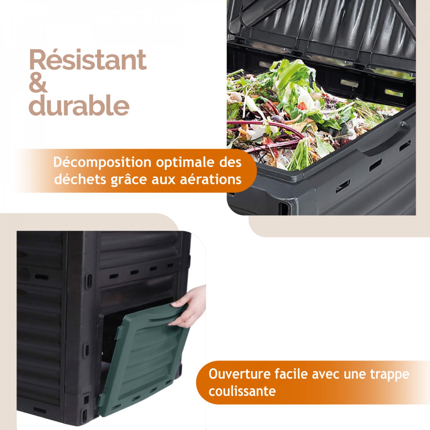 Composteur, bac, poubelle à compost de jardin - 300 L - Noir et Vert - Linxor - 3