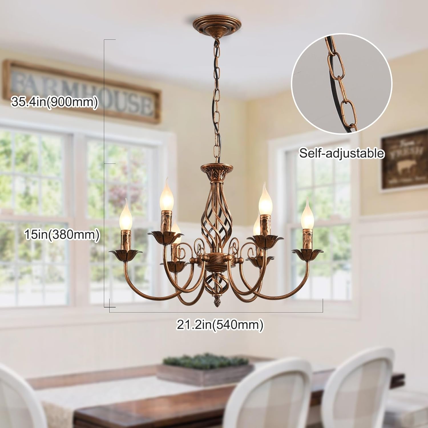 Lustre style traditionnel pays, bougie vintage bronze réglable en hauteur 6 lumières - 5