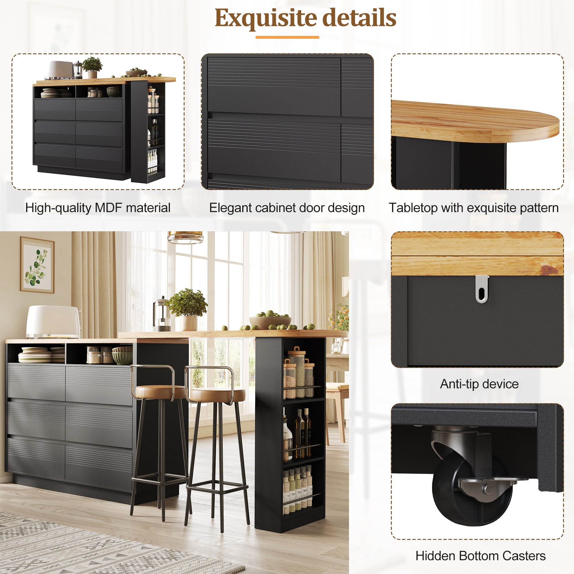 Meuble de bar de cuisine extensible - et rotation à 360° - 215x39x102cm - 6 tiroirs - table bistro - avec étagères latérales - Noir - 6