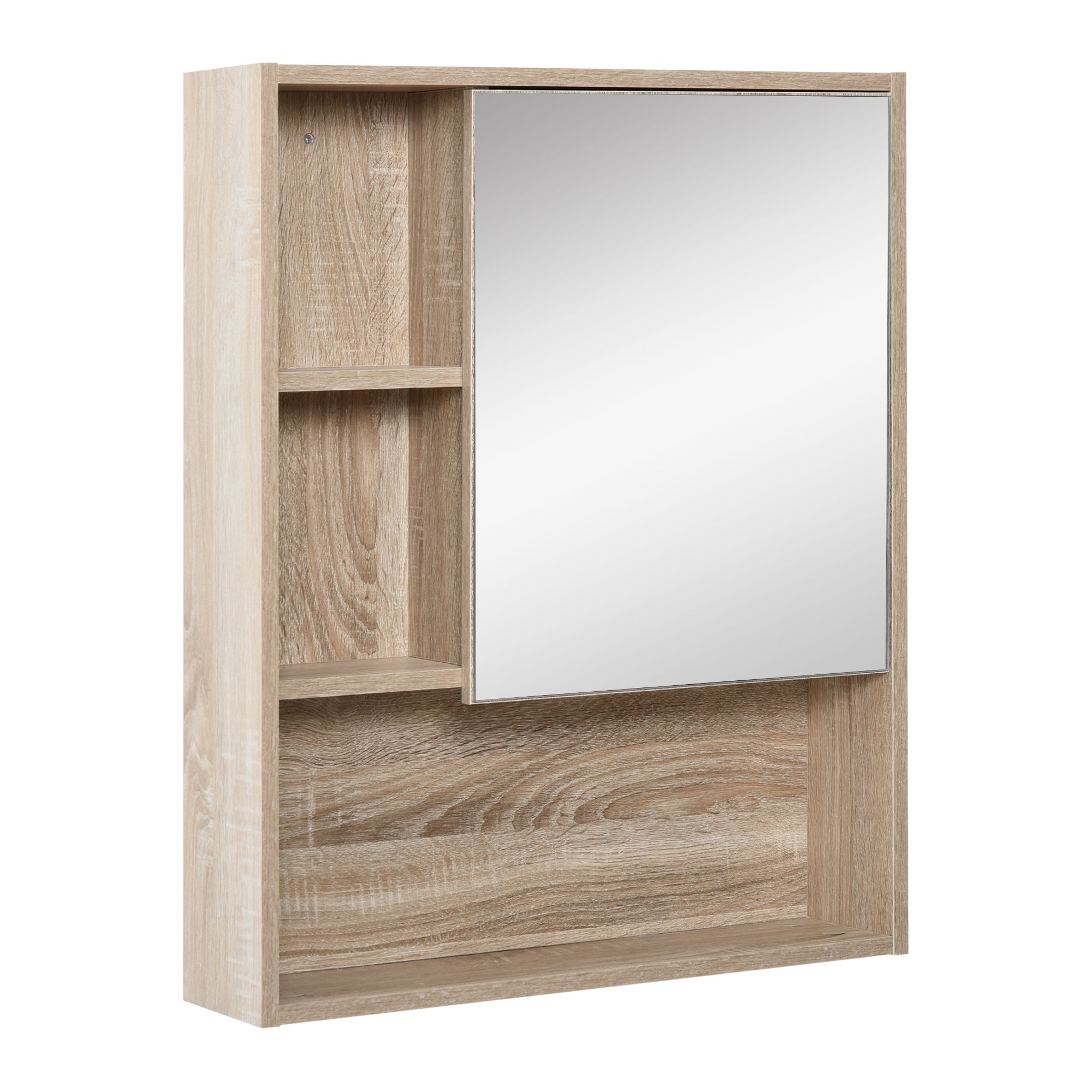 Wall-mounted bathroom cabinet with mirror, adjustable height shelf, open internal shelves, 60x15x76 cm, oak grain