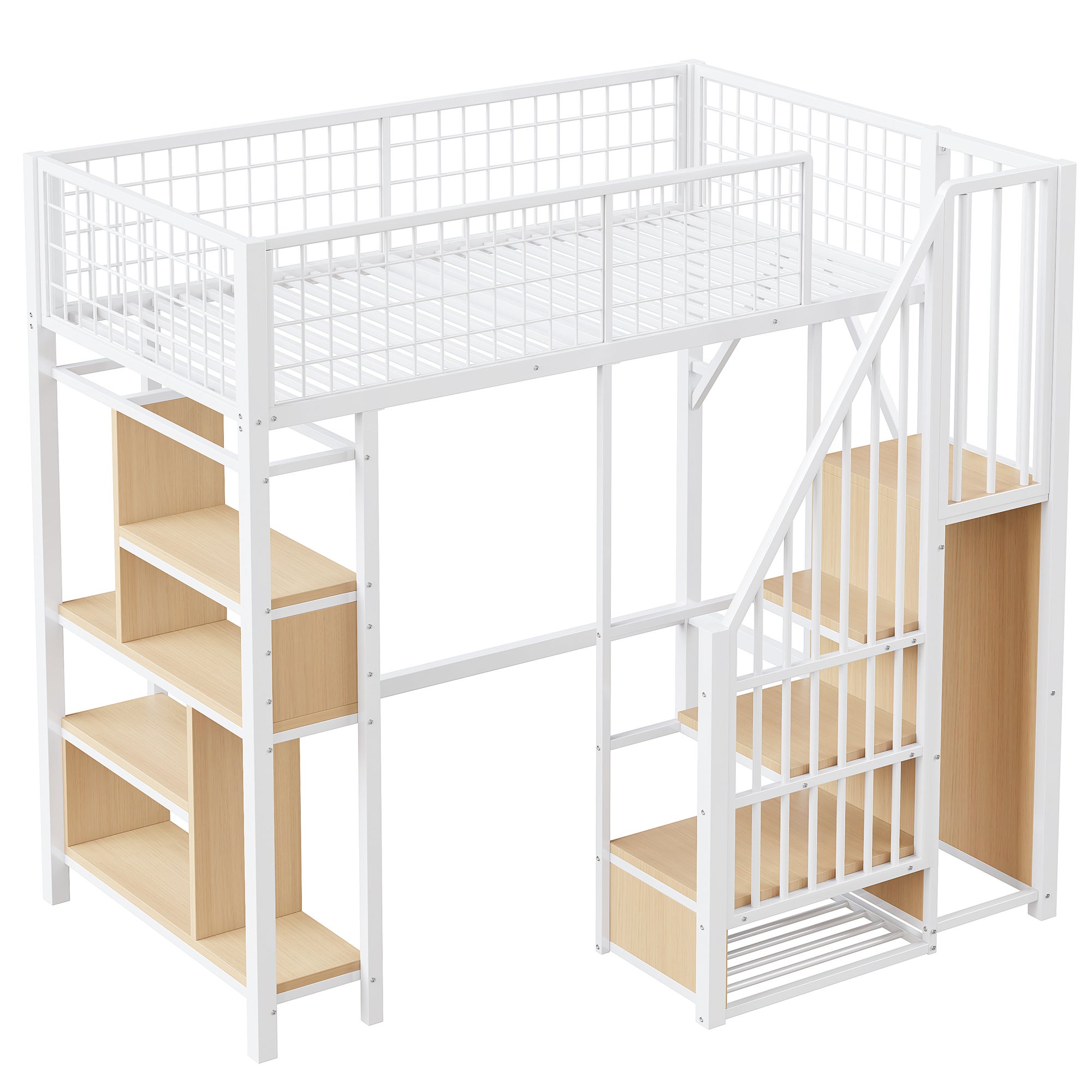 Lit mezzanine multifonction 90 x 200 cm, lit en métal avec rangements, étagères et escalier, lit adulte et lit enfant, blanc - 5