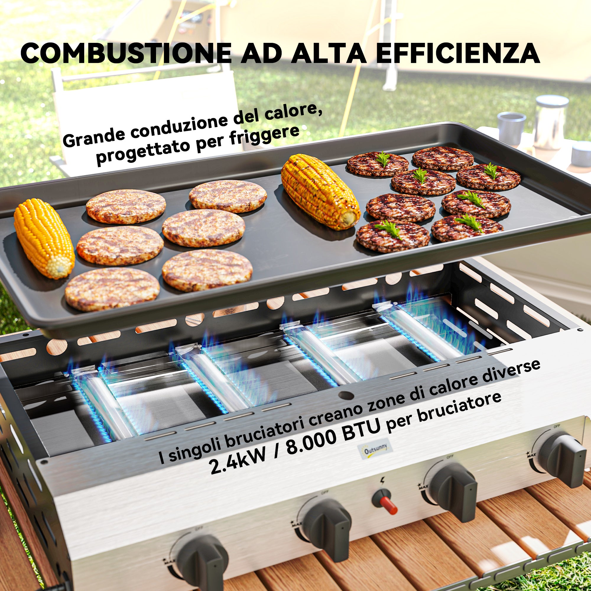 Outsunny Piastra Barbecue a Gas con 4 Bruciatori da 2.4kw e Piano Antiaderente, 77x44.5x19cm, Argento - 4