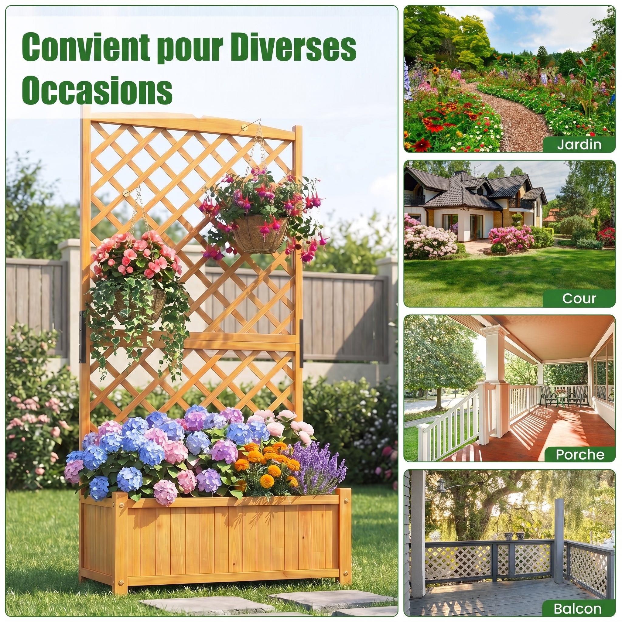 Jardinière avec Treillis 180cm en Bois, 4 Trou de Drainage pour Plantes Grimpantes, Fleurs, Bac à Fleurs avec Treillis, 90x44,5x180,5CM (Naturel) - 6