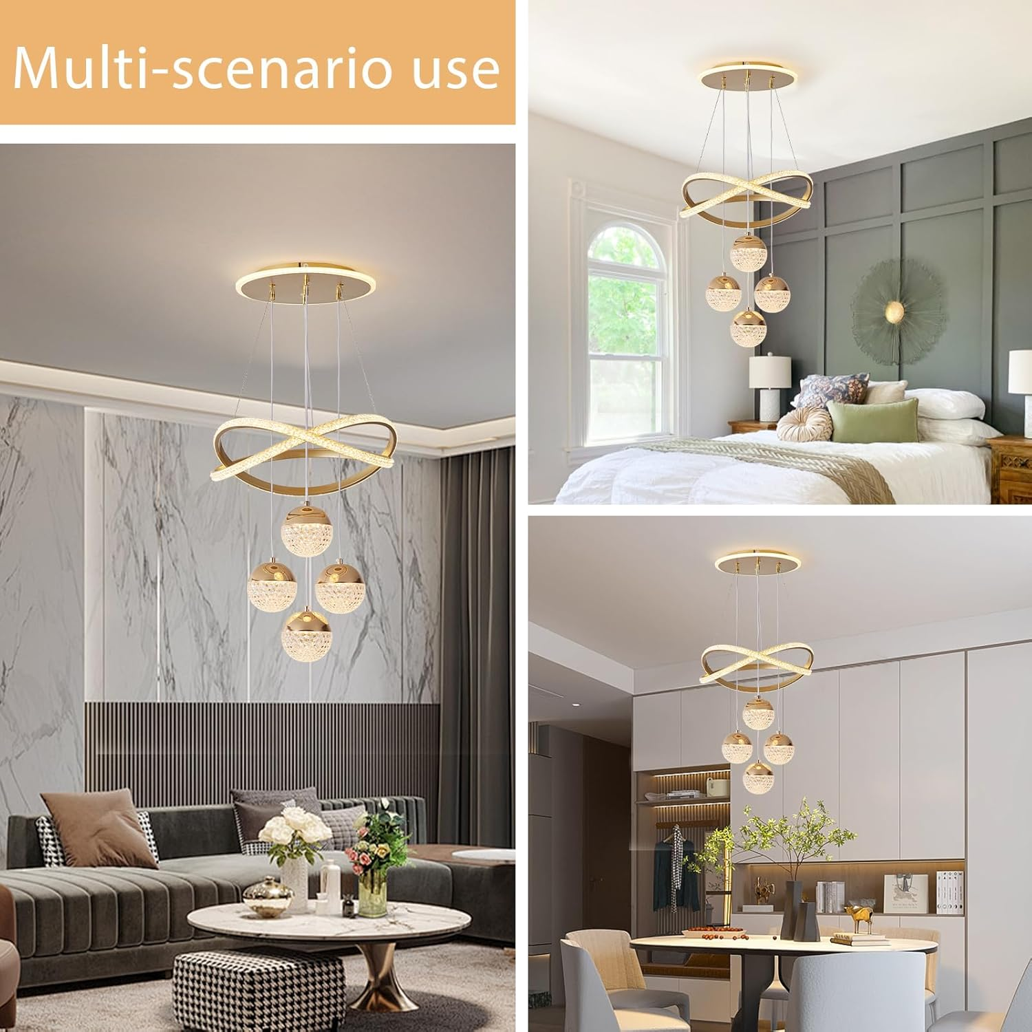 Lustre moderne de luxe, suspension LED 101 W, plafonnier LED à 4 têtes en acrylique, 3 températures de couleur réglables, hauteur réglable, φ 40 cm - 9