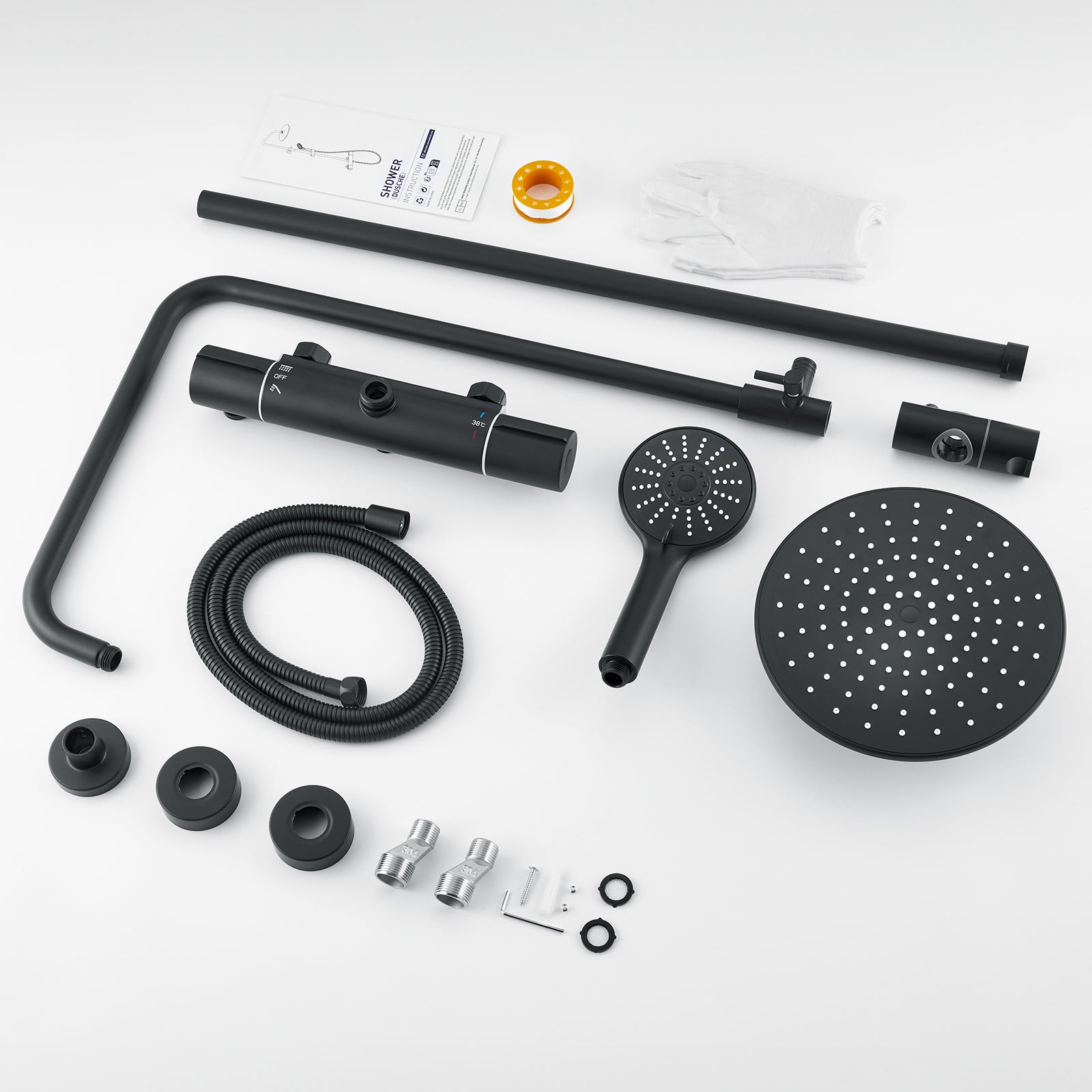 Coluna Duche Termostática Preta com Misturadora Termostática Coluna Duche 38°C,Altura Ajustável,Duche Cabeça/Chuveiro Mão com 3 Jatos - 6