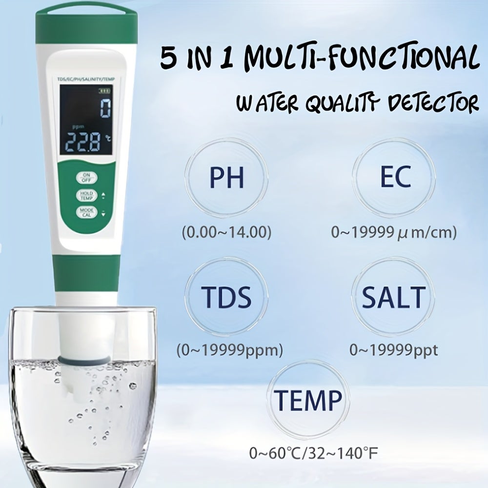 Testeur de sel, pH-mètre, testeur d'eau numérique 5 en 1 pour la salinité, la température, la conductivité et le TDS pour piscine, spa et aquarium. - 2