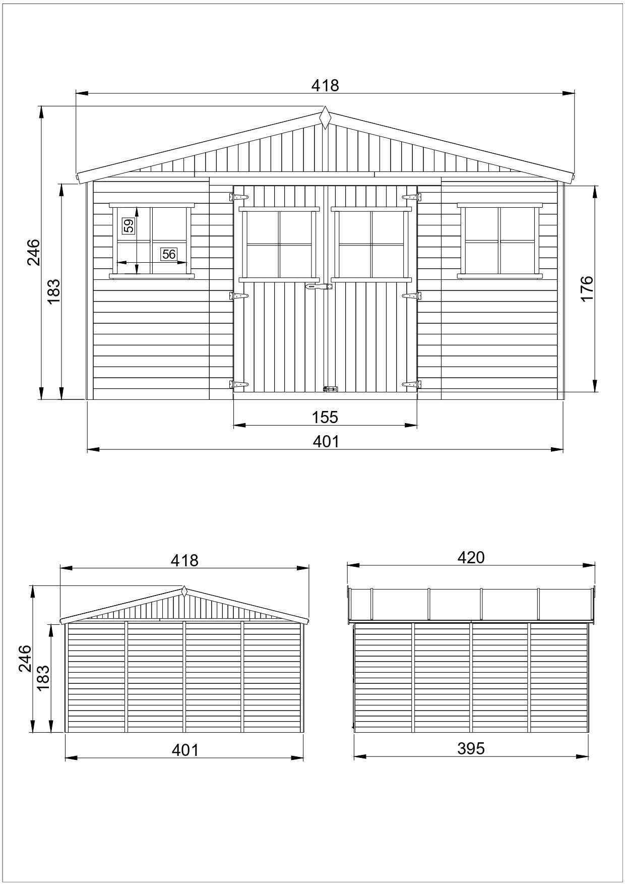 Cobertizo de madera para jardín - 418x420cm/16m2 Cobertizo de madera natural - Taller de Jardín - TIMBELA M330 - 3