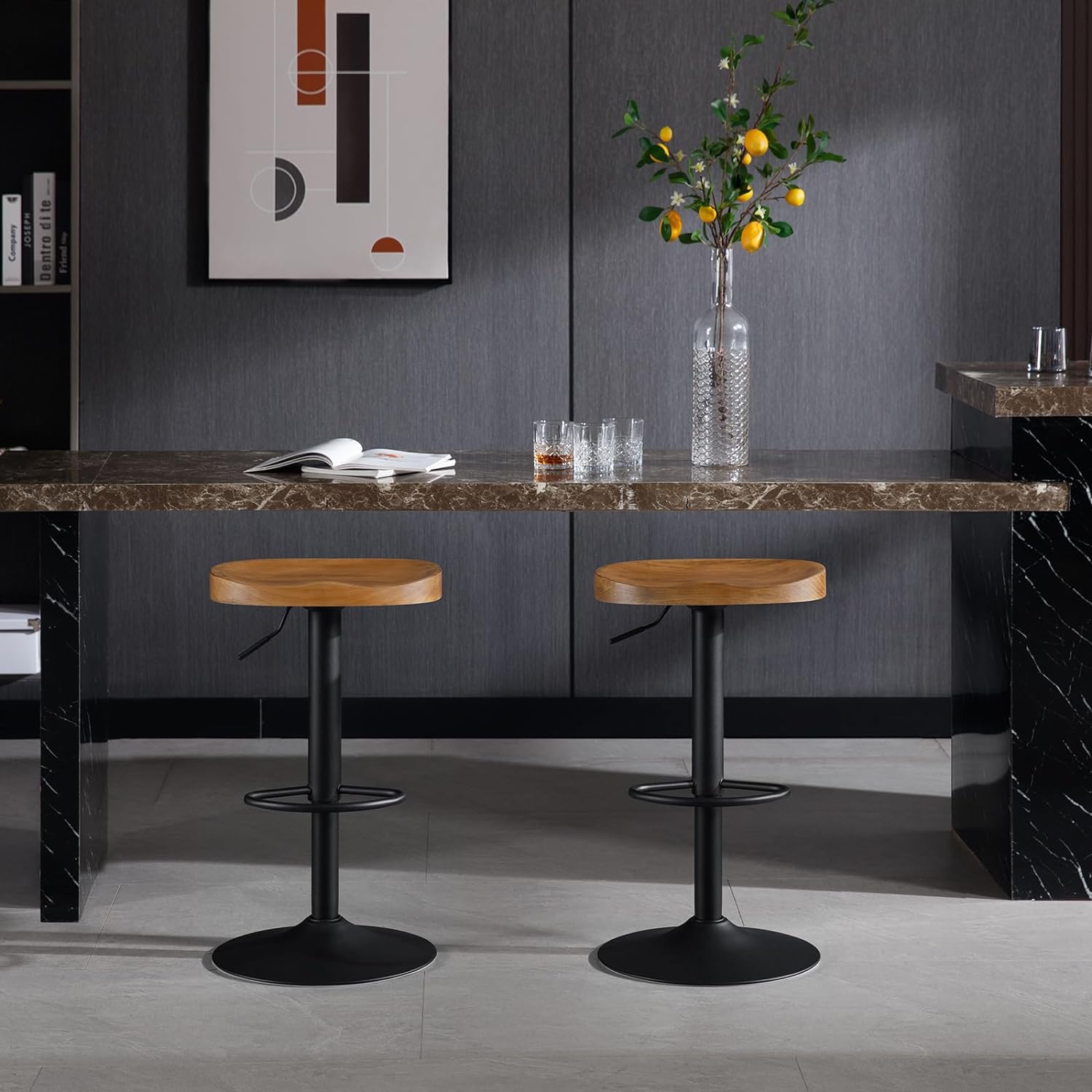 Lot de 2 Tabouret de Bar WOLTU, Chaise de Bar, Tabouret Haut en Bois, Cadre en Métal, Réglable en Hauteur, Pivotant à 360°, Chêne foncé - 3