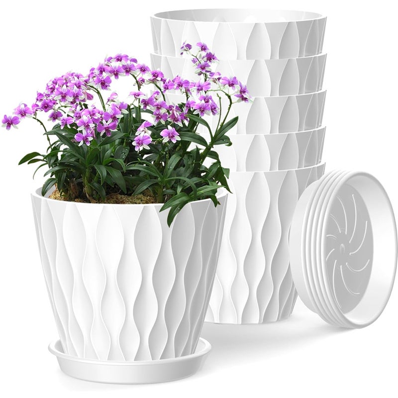 Zestaw 6 doniczek z otworami drenażowymi i tacami na storczyki, fiołki, sukulenty, zioła i inne rośliny, biały, 15 cm