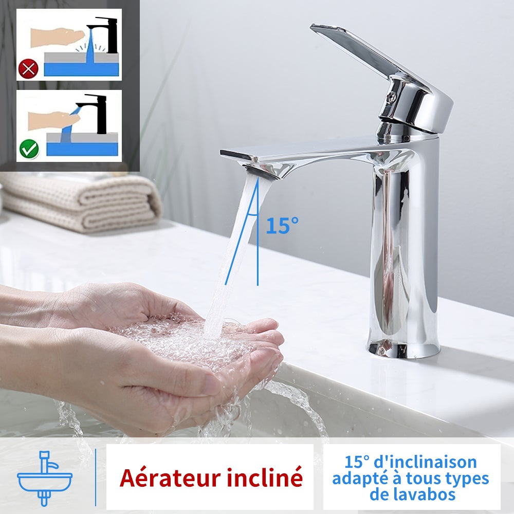 Mitigeur de Lavabo Chromé en Laiton avec Levier Unique, Robinet Salle de Bain Eau Chaude et Froide pour Lave-Mains - 4