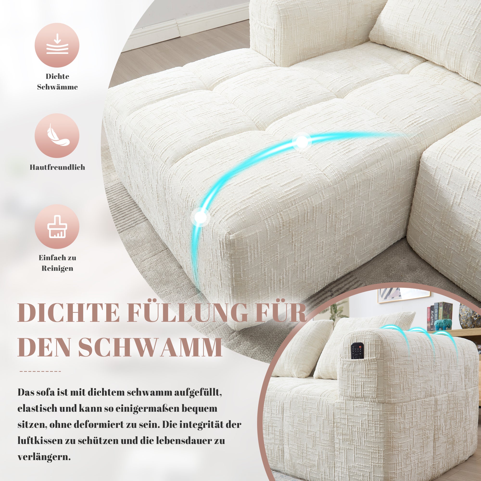 Canapé d'angle 3 places - Style moderne en chenille avec chauffeuse 3 coussins et poche pour télécommande beige - 5