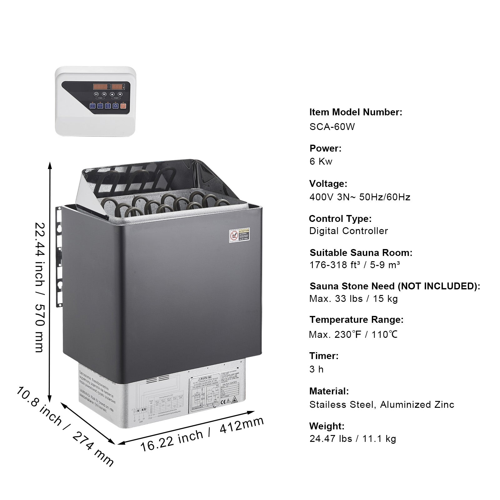 Poêle de sauna,SucceBuy 6 kW électrique,400 V 3N,jusqu'à 110 ℃,minuterie de 3 h,pour 5 à 9 m³,utilisation intérieure/extérieure - 9