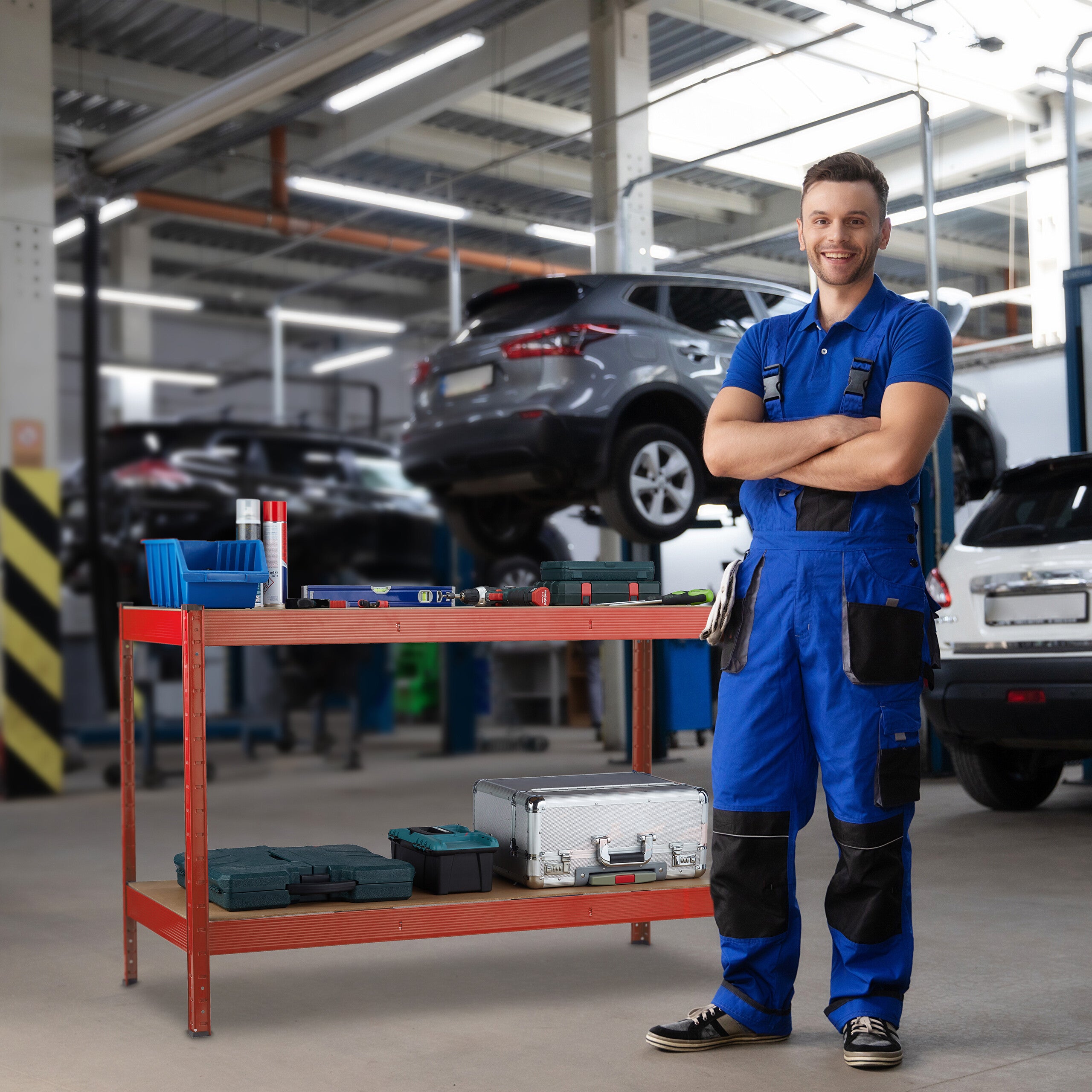 Banc de travail, 600 kg, HxLxP : 91 x 141 x 61 cm, 2 niveaux réglables, table, acier & MDF, établi, rouge, Relaxdays - 5