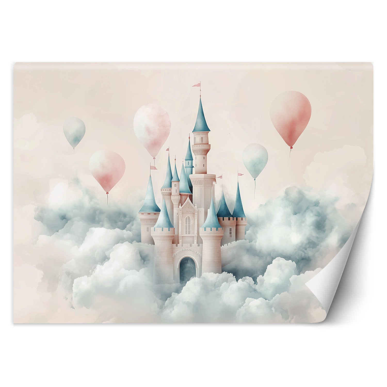 Fototapeta dziecięca na ścianę, Zamek z balonikami w chmurach 200x140