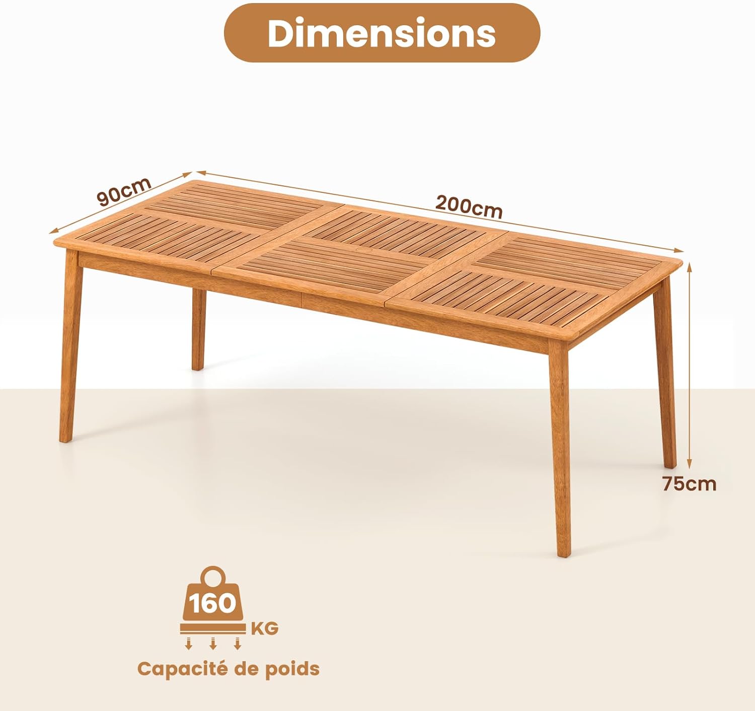 Table de Salle à Manger Extérieur en Bois d'Acacia-FSC 90x200CM pour 8 Personnes,Table Salon de Jardin avec Trou Parasol Intégré, Charge 160KG - 2