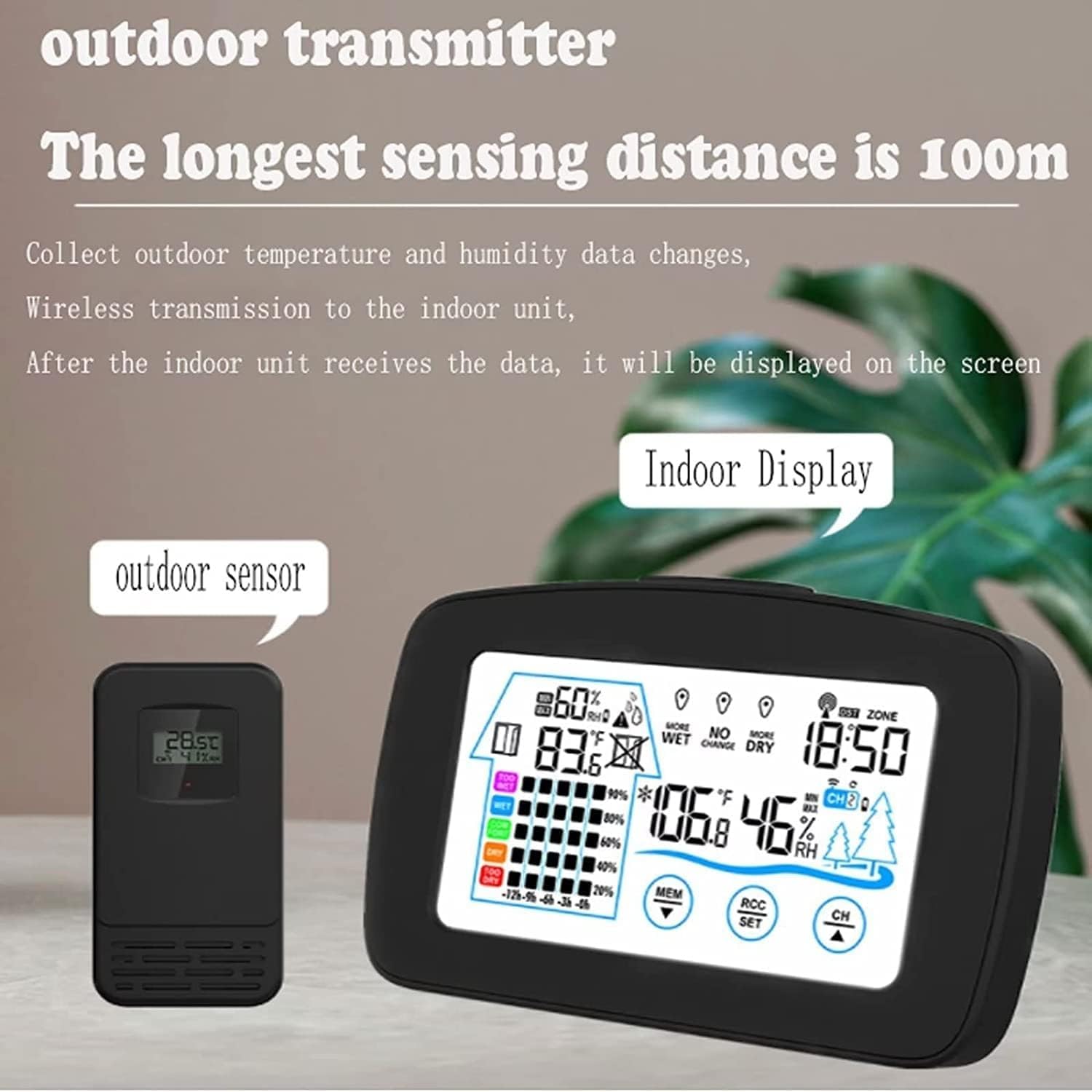 Station météo radio avec capteur extérieur, horloge radio numérique DCF, thermomètre hygromètre, thermomètre sans fil avec piles - 2