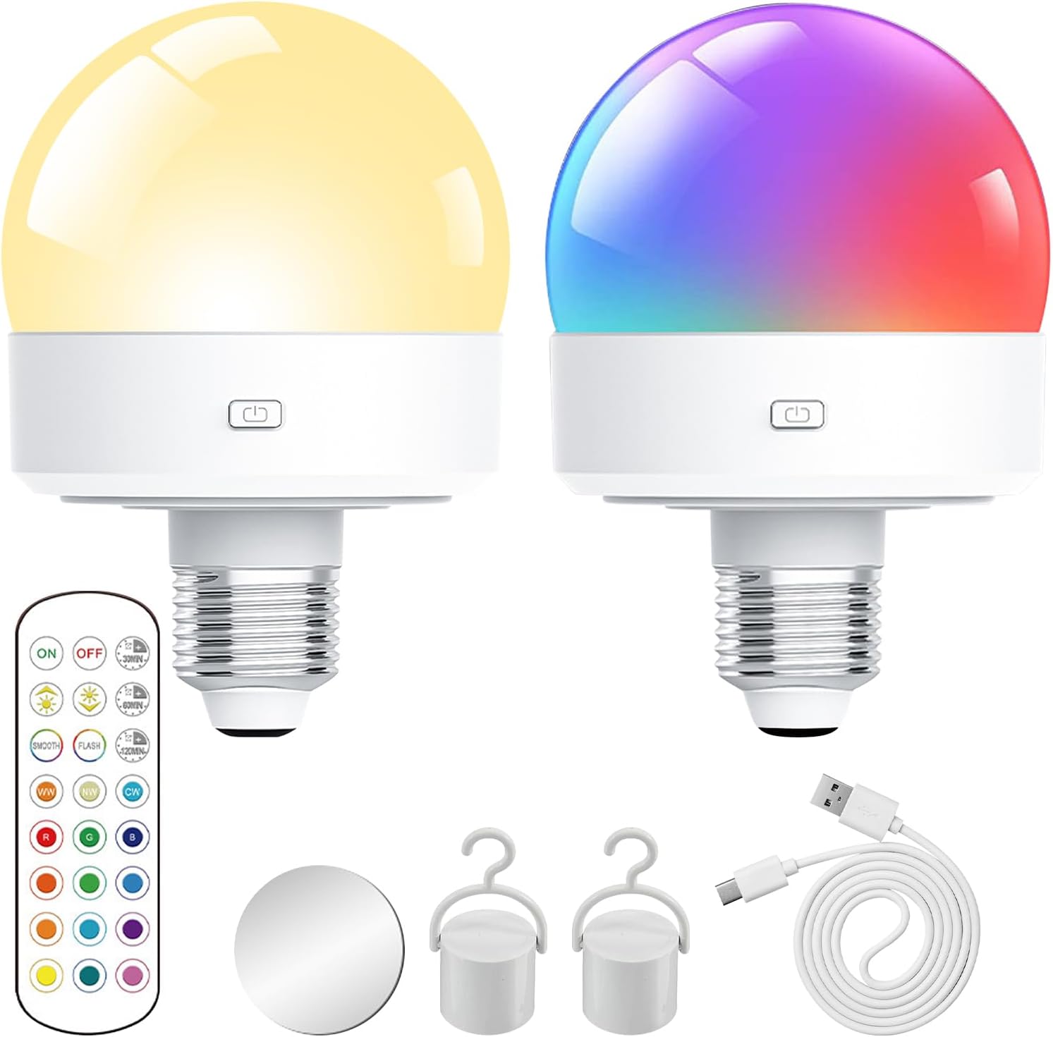 Bombilla recargable por usb paquete de 2 bombillas led con control remoto 15 colores perfecta para acampar y decorar.