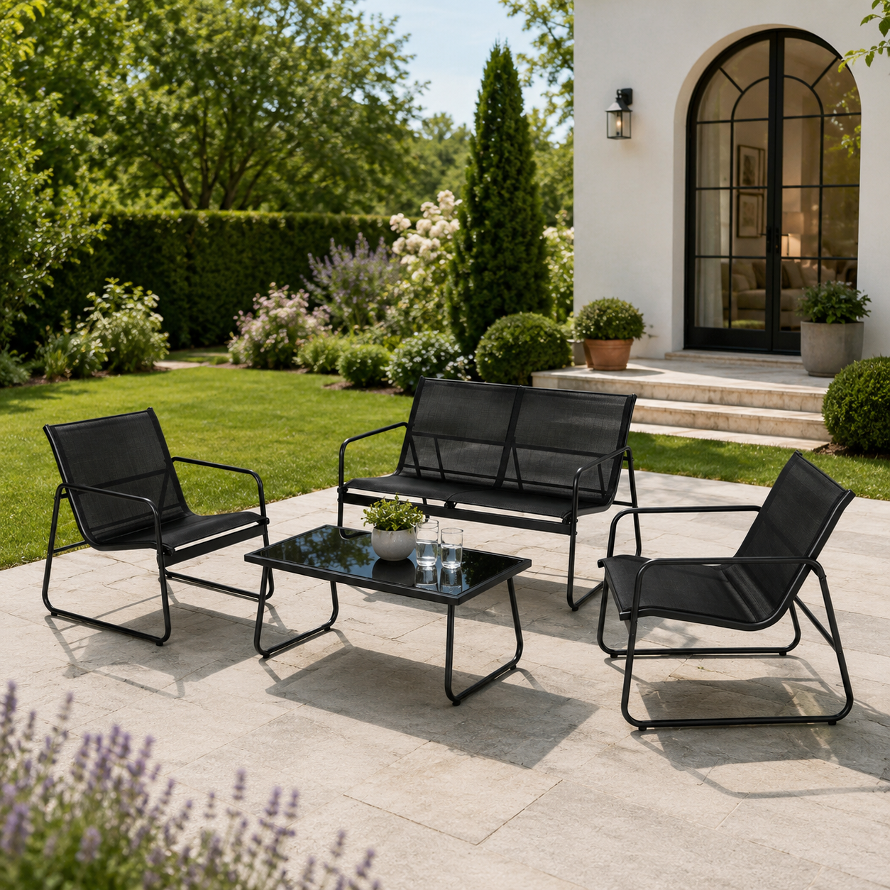 Ensemble de jardin acier textilène 4 pièces table en verre - 3