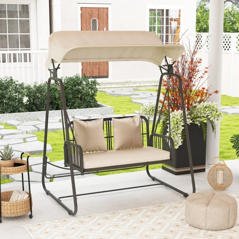 Balancelle De Jardin,Balancelle 2 Places Pour Terrasse Et Jardin, Toit Réglable, Coussins Inclus, Structure Métal, Kaki 149x121x180 cm - 2