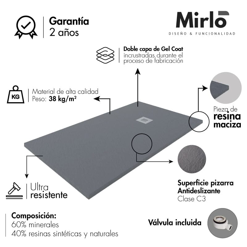 Plato de ducha pizarra PURE GRIS 80x90 cm rejilla inox - 9