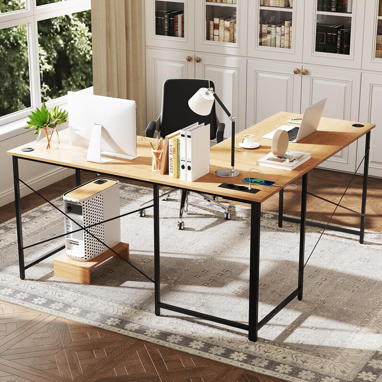 Scrivania Angolare Salvaspazio Reversibile, Scrivania ad Angolo a Forma di L con Presa Integrata, Supporto per Host e Fori per la Gestione dei - 5