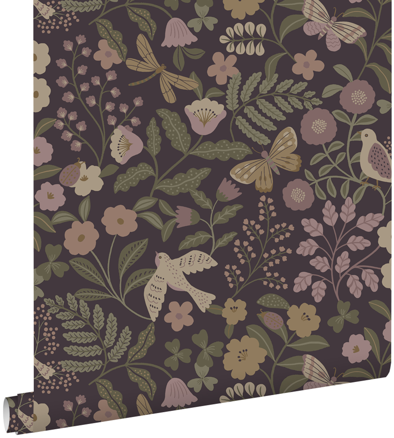 Papel pintado flores y pájaros morado berenjena, verde oliva agrisado y morado lila - 0.53 x 10.05 m - estahome