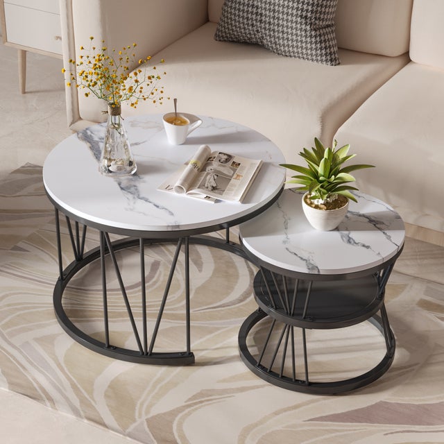 Ensemble de 2 Tables Basses Rondes, Tables Gigognes de Salon Modernes avec Pieds en Métal Doré, Noir et Blanc(70 x 45cm)