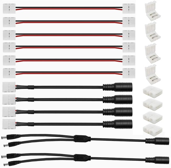 Set di connettori COB LED per strisce COB da 8 mm di larghezza, 3 pin e 4 pin, 4 connettori centrali trasparenti, 4 pezzi a forma di L e 4 fili di Set di connettori COB LED per strisce COB da 8 mm di larghezza, 3 pin e 4 pin, 4 connettori centrali trasparenti, 4 pezzi a forma di L e 4 fili di