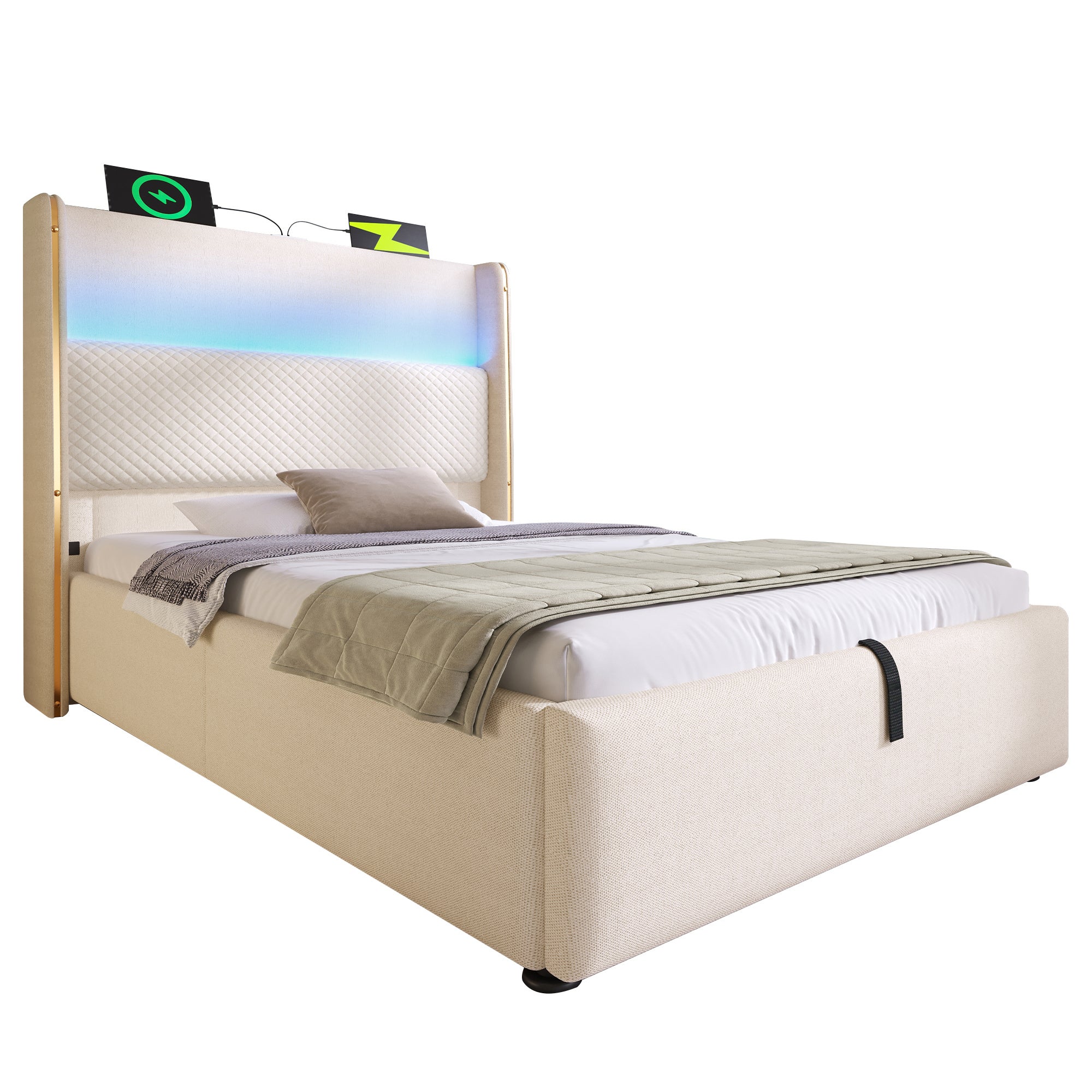 Łóżko tapicerowane 90x200cm, łóżko pojedyncze z oświetleniem LED, schowkiem i portami USB/Type-C, len, beż, bez materaca - 6