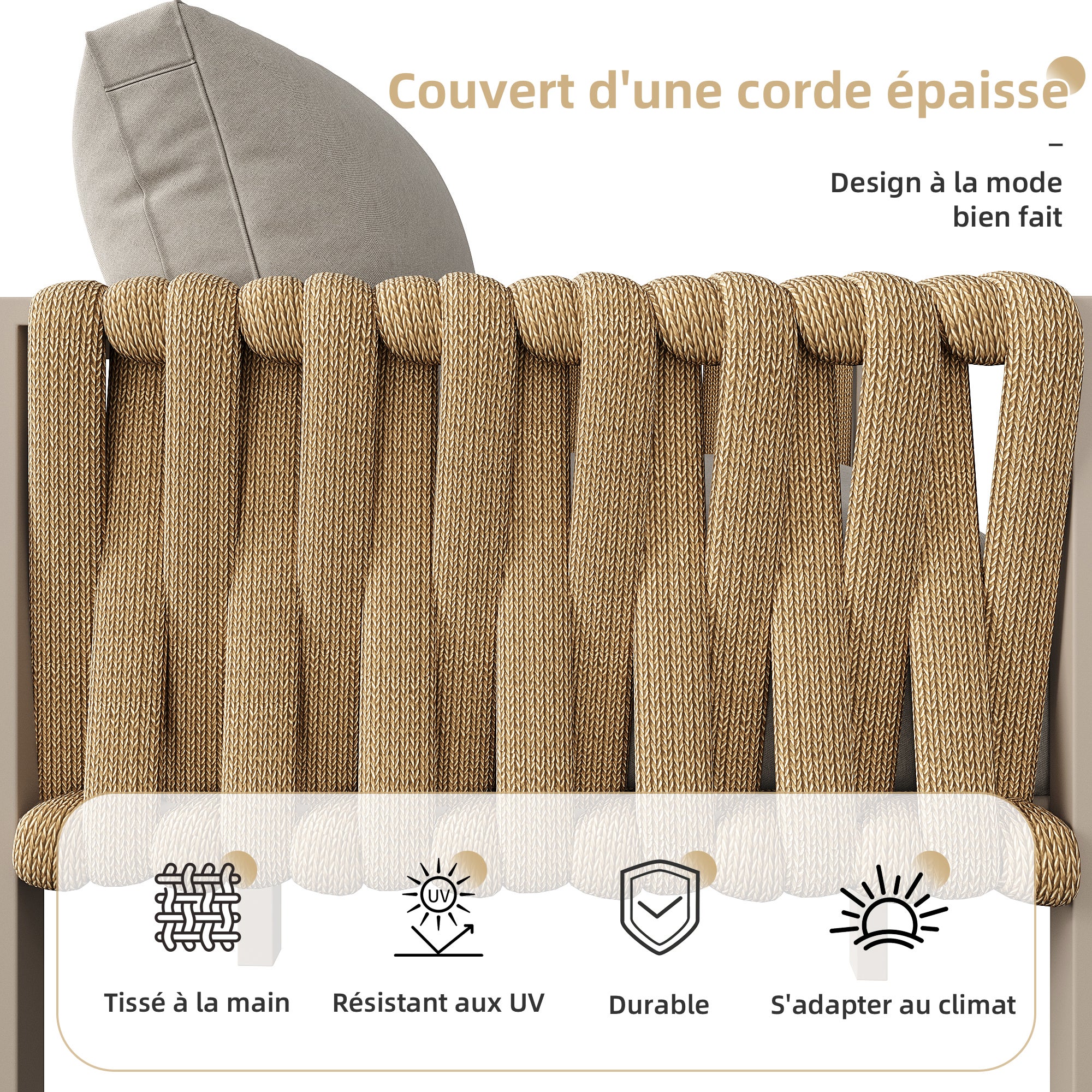 Ensemble de salle à manger de jardin - en corde - avec structure en fer galvanisé, pieds réglables, canapé d'angle, 1 fauteuil, 1 tabouret, Beige - 5