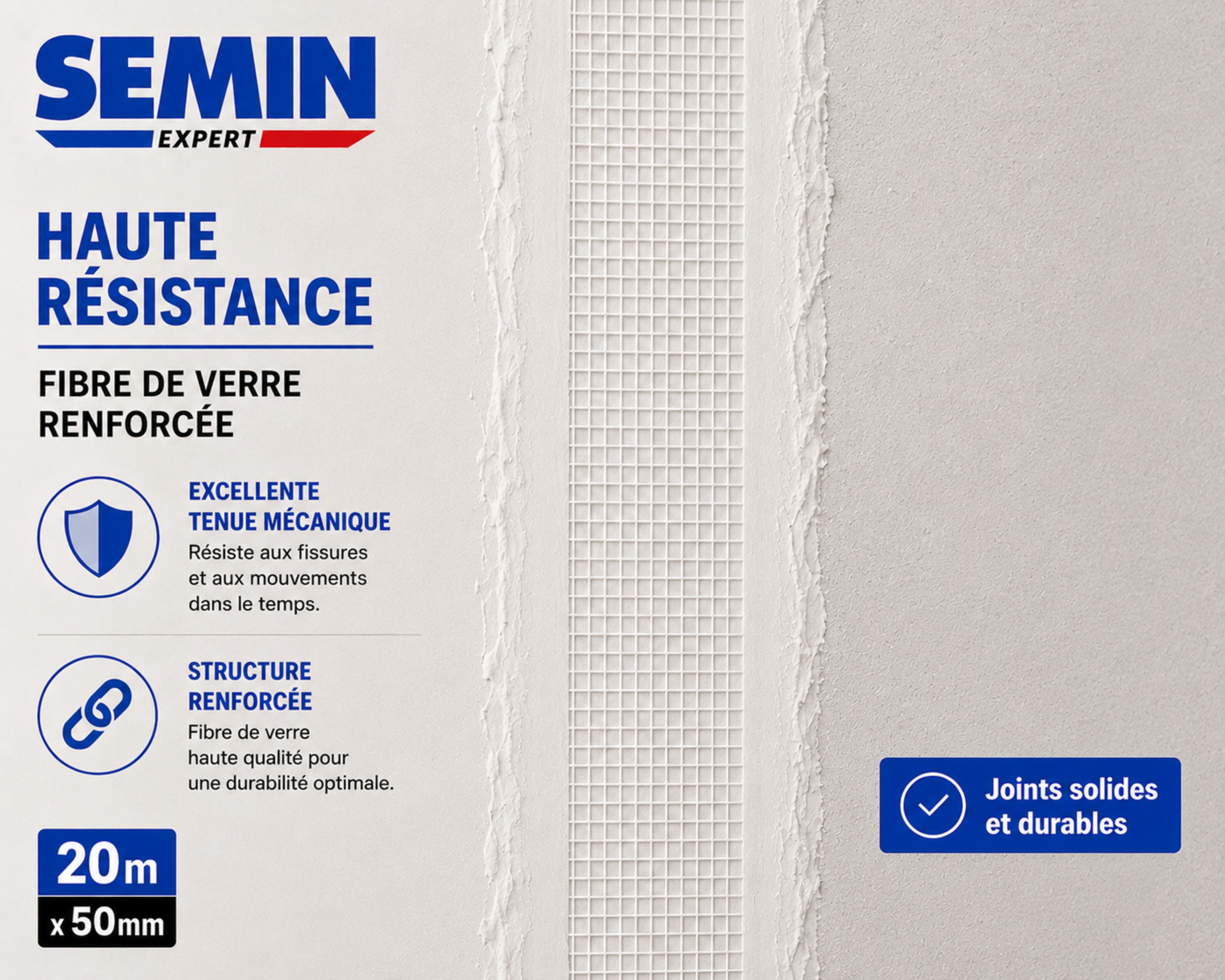 Lot de 3 bandes grillagées adhésives Semin pour réaliser les joints des plaques de plâtre en association avec un enduit - 20 m - 6
