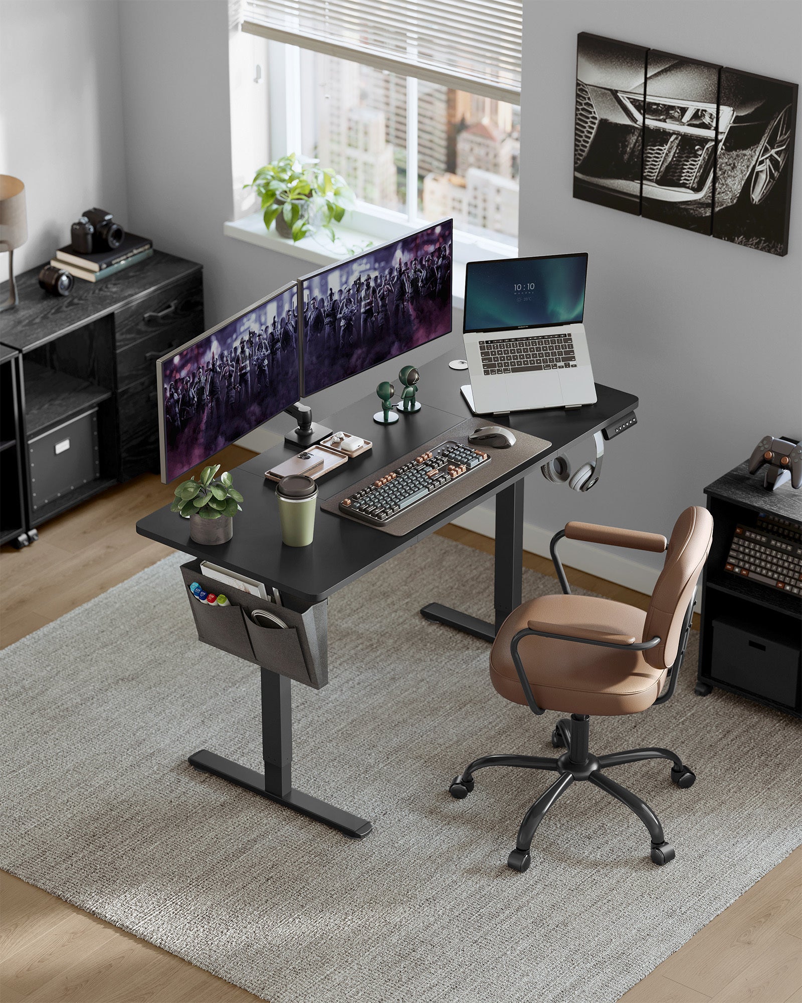 Bureau Électrique Assis-Debout, Bureau Réglable en Hauteur, 60 x 140 x (72-120) cm, 4 Hauteurs Mémorisables, Pochette de Rangement, Noir - 2