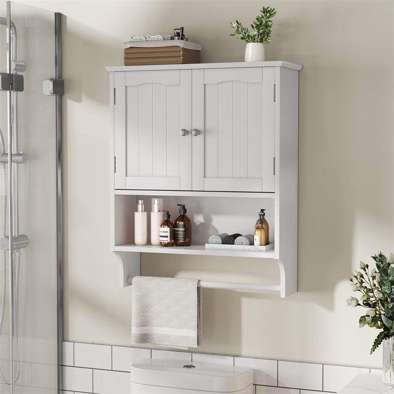 Armadio Portamedicinale Da Parete Per Bagno – 3 Ripiani Regolabili, Barra Portasciugamani E Ganci, Stile Vintage Bianco