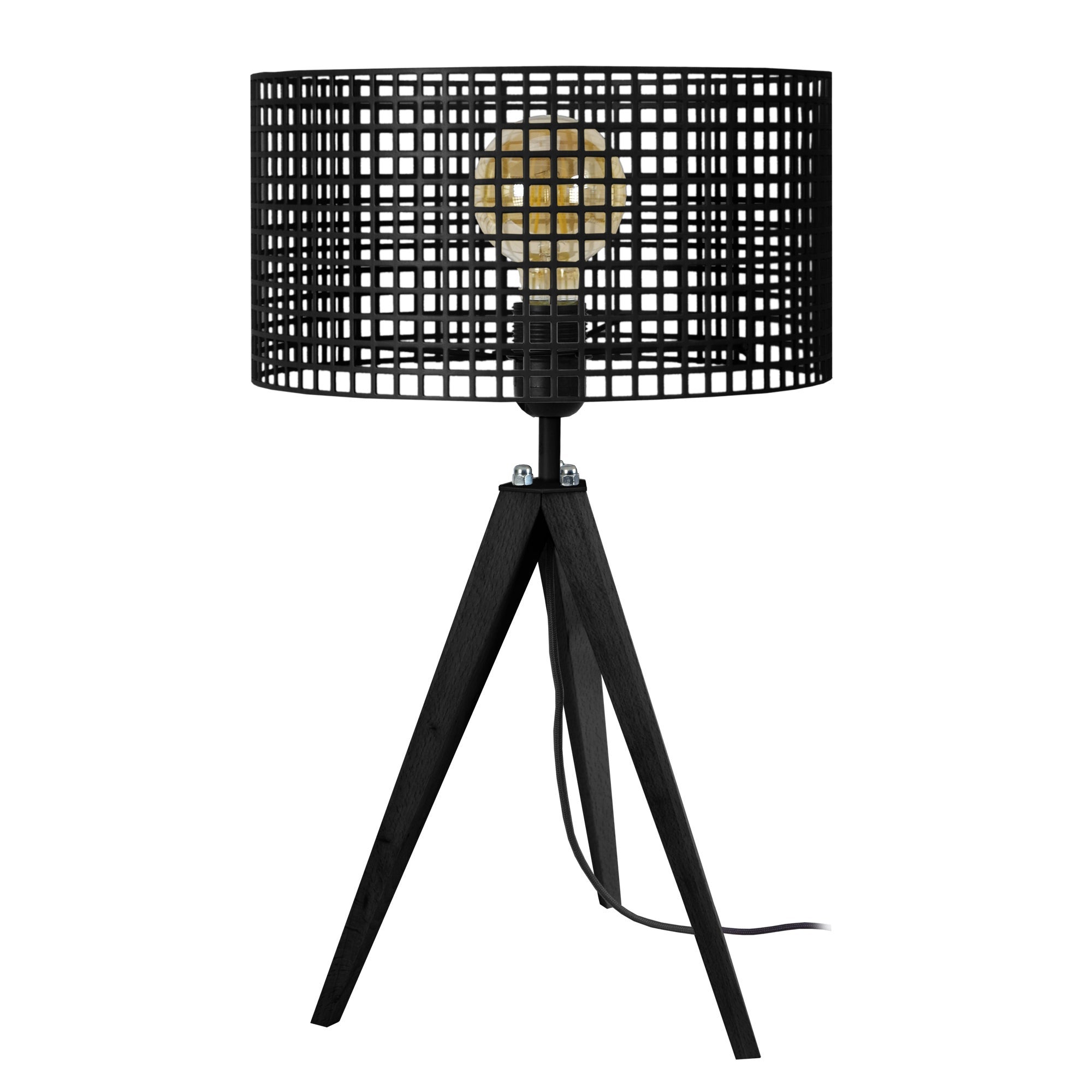 Lampe De Table Industrielle Trépied En Bois LUSTORM - Hauteur Réglable, Abat-jour Métal, Style Rétro Vintage (E27)