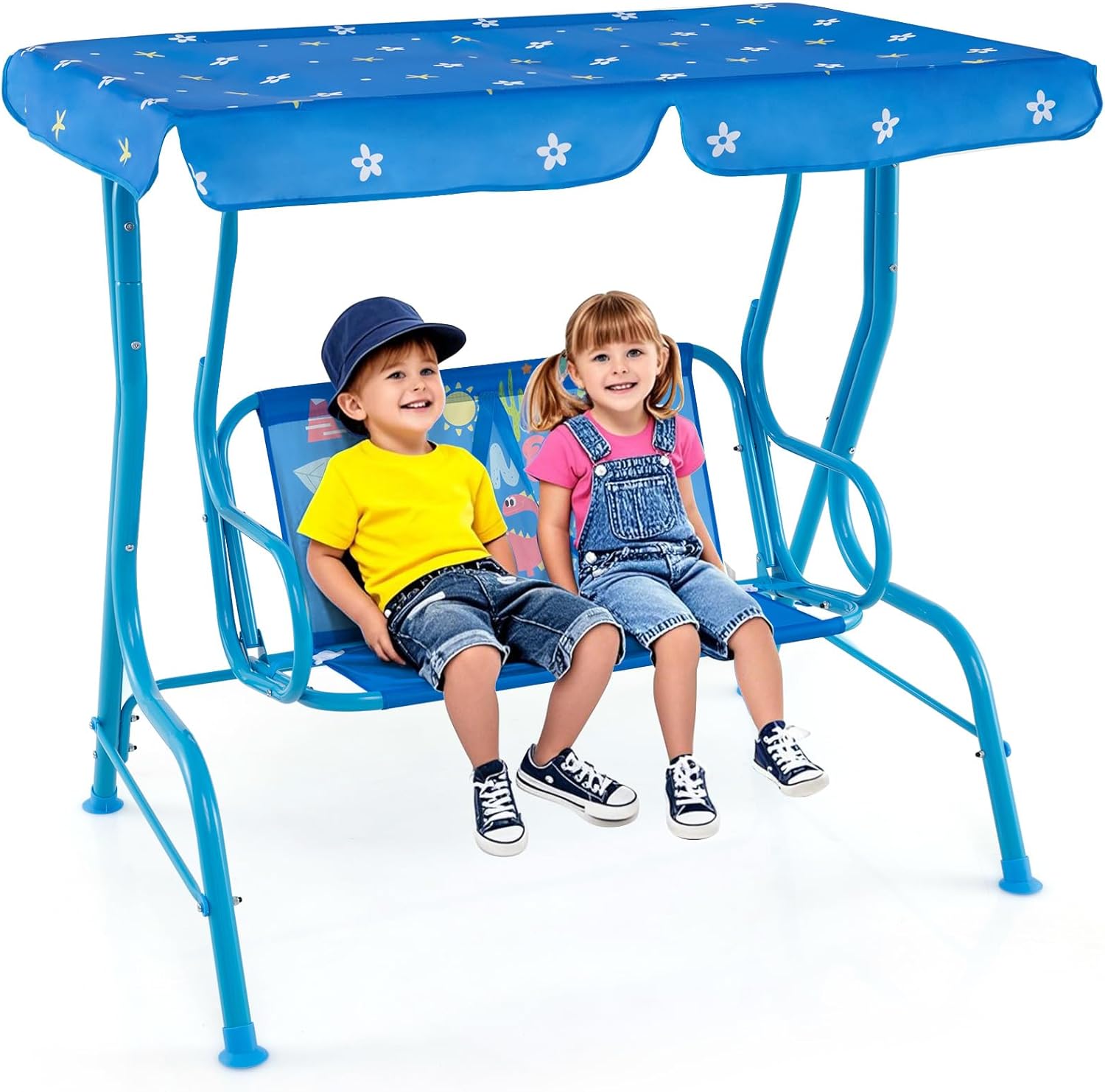 Huśtawka Ogrodowa dla Dzieci, Huśtawka dla Dzieci 2-Osobowa z Regulowanym Daszkiem i Pasami Bezpieczeństwa, Nośność 80 kg (Niebieski Dinozaur)