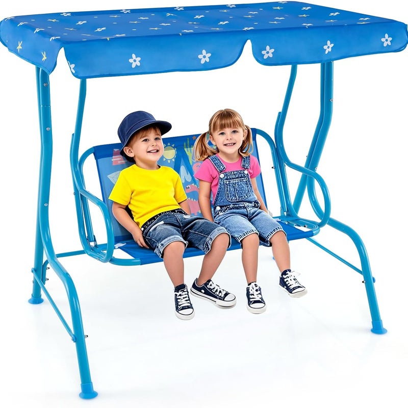 Huśtawka Ogrodowa dla Dzieci, Huśtawka dla Dzieci 2-Osobowa z Regulowanym Daszkiem i Pasami Bezpieczeństwa, Nośność 80 kg (Niebieski Dinozaur)