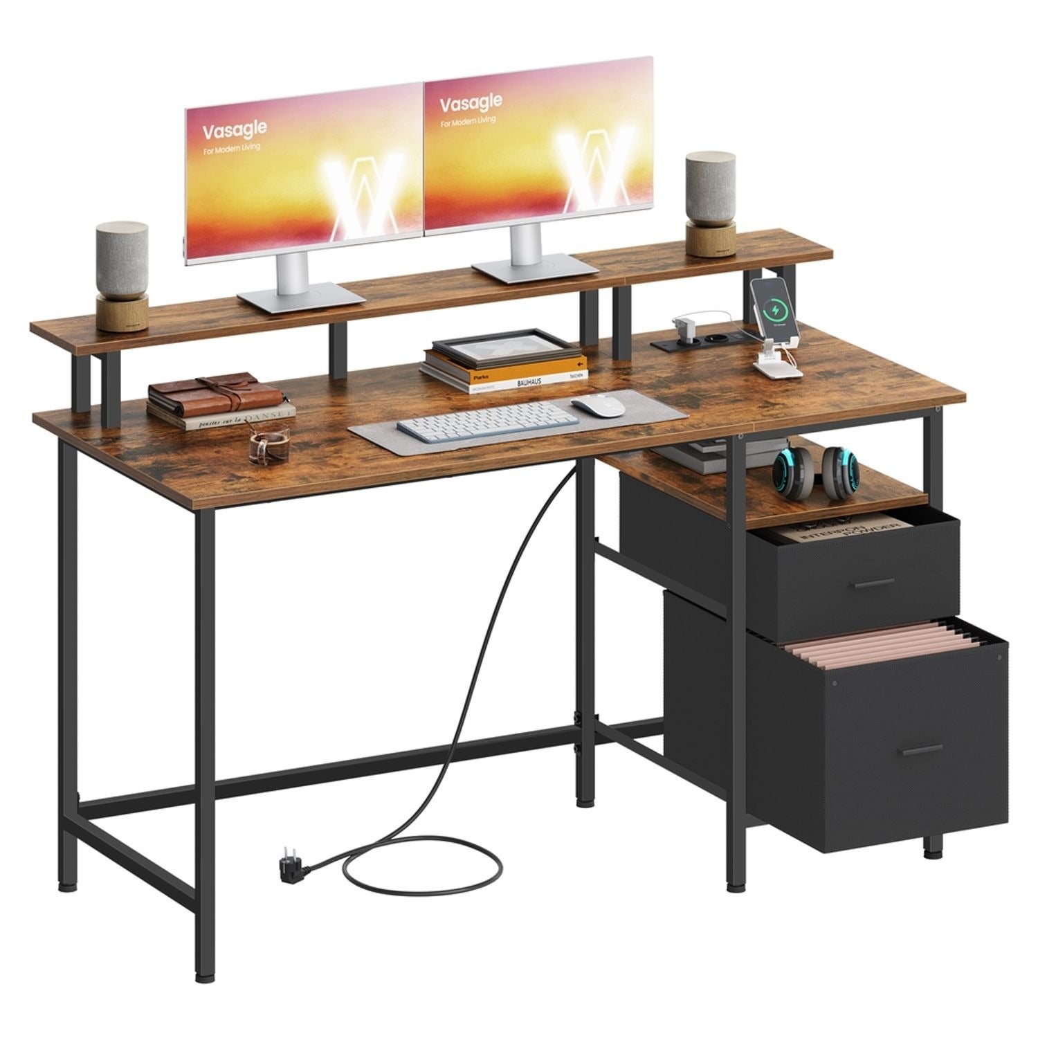 Vasagle Marrón Rústico Escritorio Para Juegos Con Luces Led, - Imagen 3