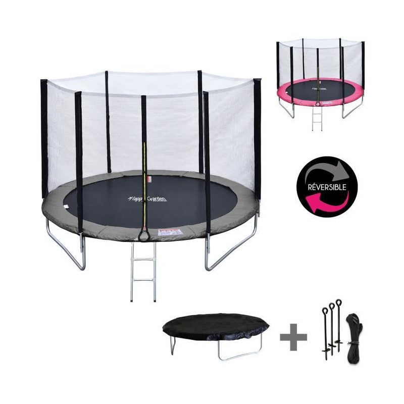 Kangui Trampoline Rond RALLI Avec Filet, Échelle, Bâche Et Kit Ancrage - Rose - 250 à 430 Cm