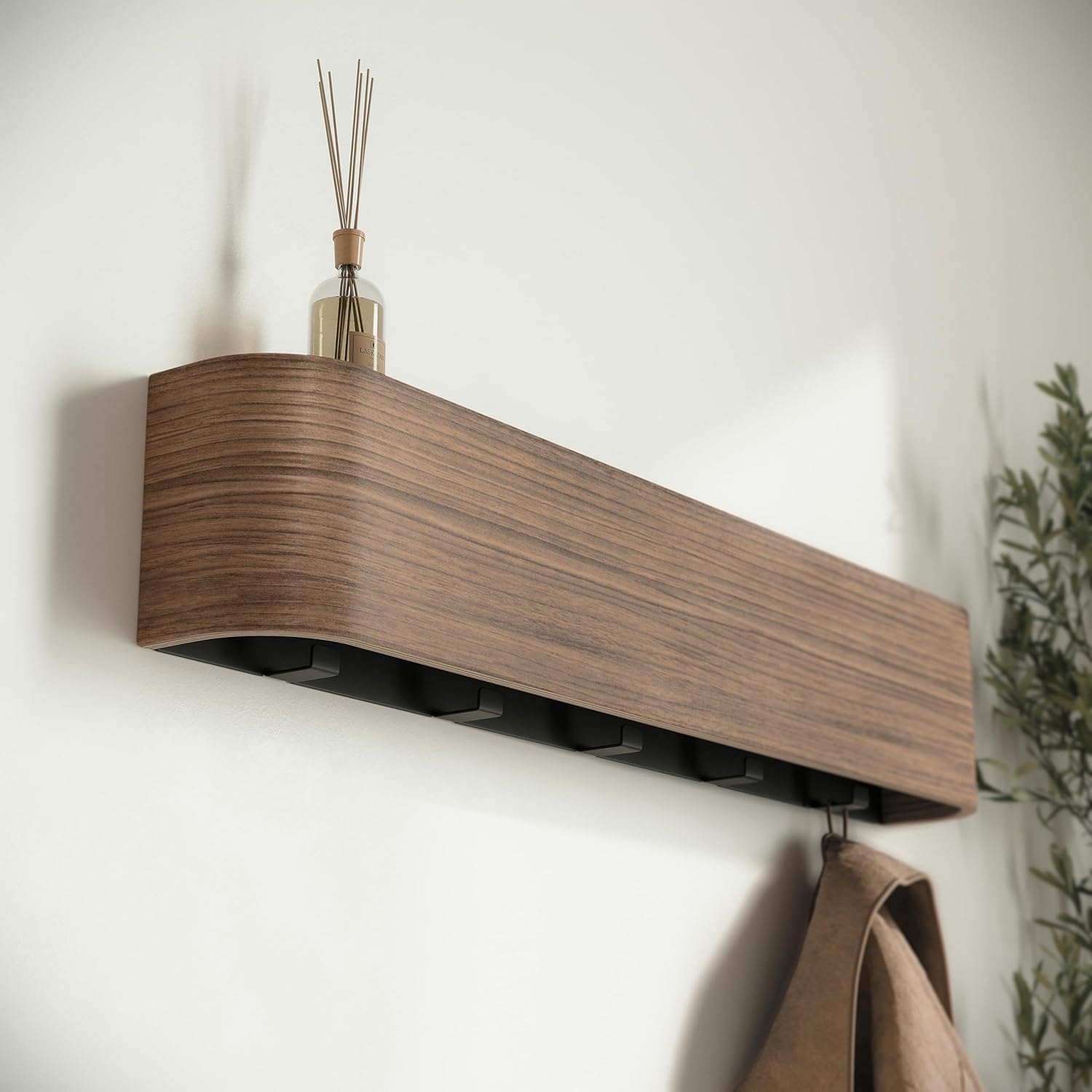 Perchero de pared de madera | Diseño moderno con ganchos ocultos | Panel de chapa de madera maciza | Nogal - 4